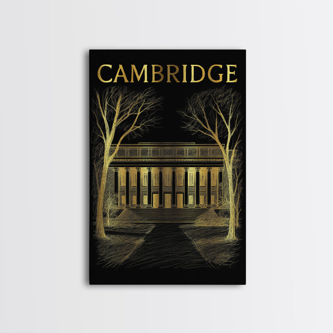 Cambridge Massachusetts Travel Poster, Canvas Print, Gold Sketch Wall Art, Cambridge Poster Print, Wall Decor, Travel Print, Poster Art