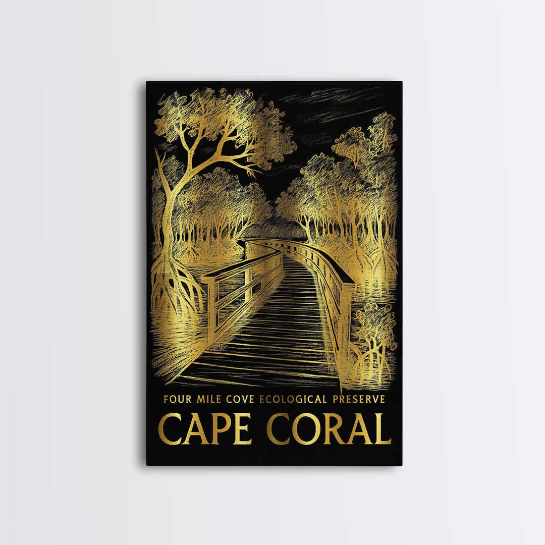 Cape Coral Travel Poster, Framed Canvas Print, Elegant Gold City Art, Cape Coral Poster Print, Travel Poster Art, Living Room Wall Art