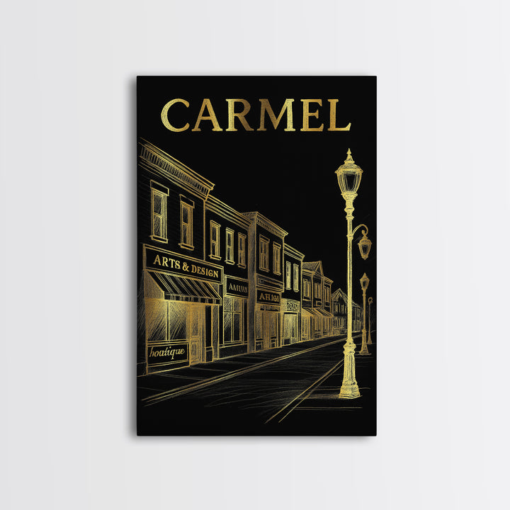 Carmel Indiana Travel Poster, Canvas Print, Elegant Gold City Art, Carmel Art Print, Retro Travel Print, Travel Wall Decor, City Art Print