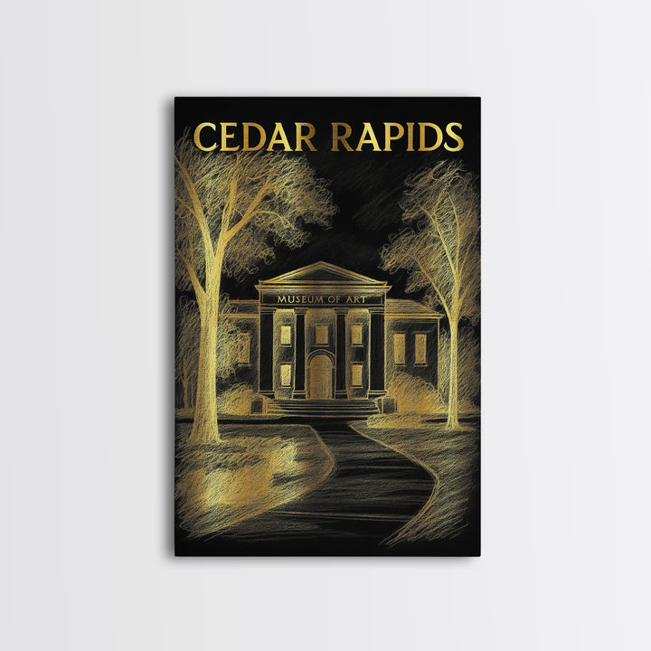Cedar Rapids Iowa Travel Poster, Canvas Print, Elegant Gold City Art, Cedar Rapids City Art, City Travel Prints, Mid Century Wall Art