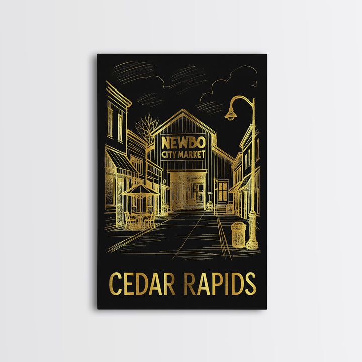 Cedar Rapids Travel Poster, Framed Canvas Print, Gold Sketch Wall Art, Cedar Rapids Art Print, Home Office Decor, Mid Century Wall Art