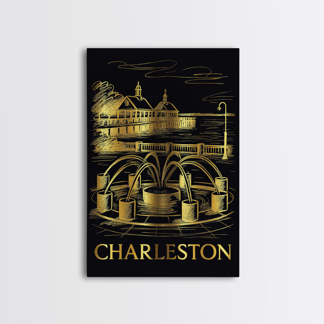 Charleston Travel Poster, Canvas Print, Dark Background Poster Art, Charleston Wall Art, Vintage Travel Art, Living Room Wall Art