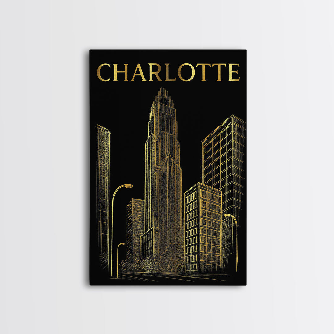 Charlotte North Carolina Travel Poster, Canvas Print, Dark Background Poster Art, Charlotte Travel Art, City Poster, Watercolor City Skyline