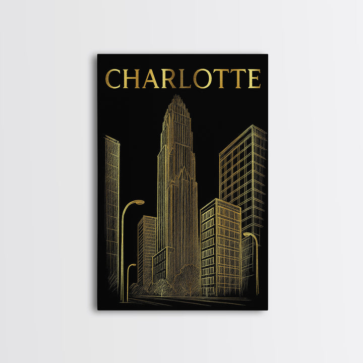 Charlotte North Carolina Travel Poster, Canvas Print, Dark Background Poster Art, Charlotte Travel Art, City Poster, Watercolor City Skyline