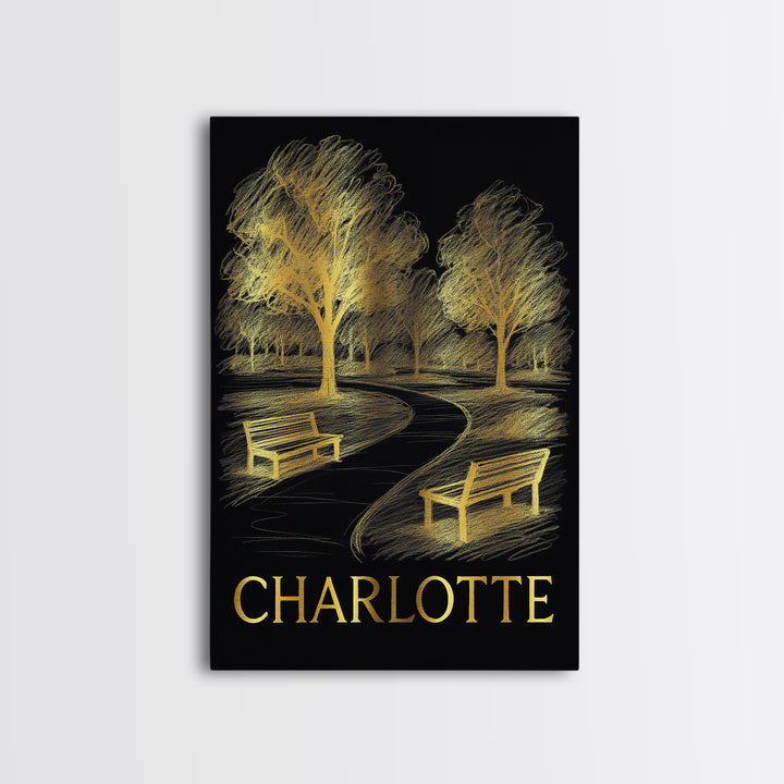 Charlotte Travel Poster, Framed Canvas Print, Dark Background Poster Art, Charlotte Art Print, Watercolor Skyline, Travel Poster Set