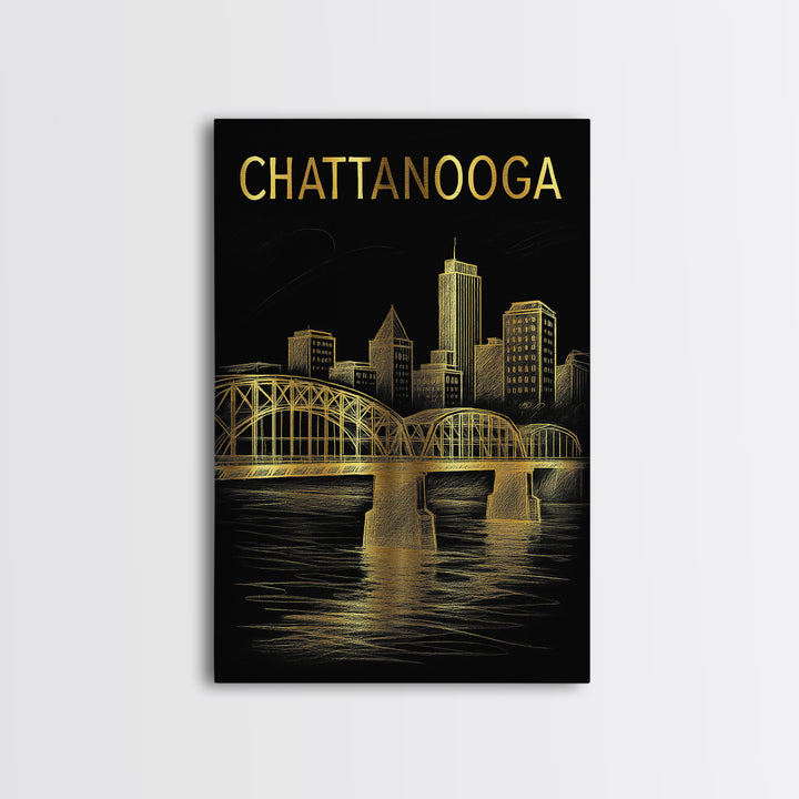 Chattanooga Tennessee Travel Poster, Canvas Print, Black And Gold Line Art, Chattanooga Wall Art, Living Room Wall Art, Travel Wall Decor