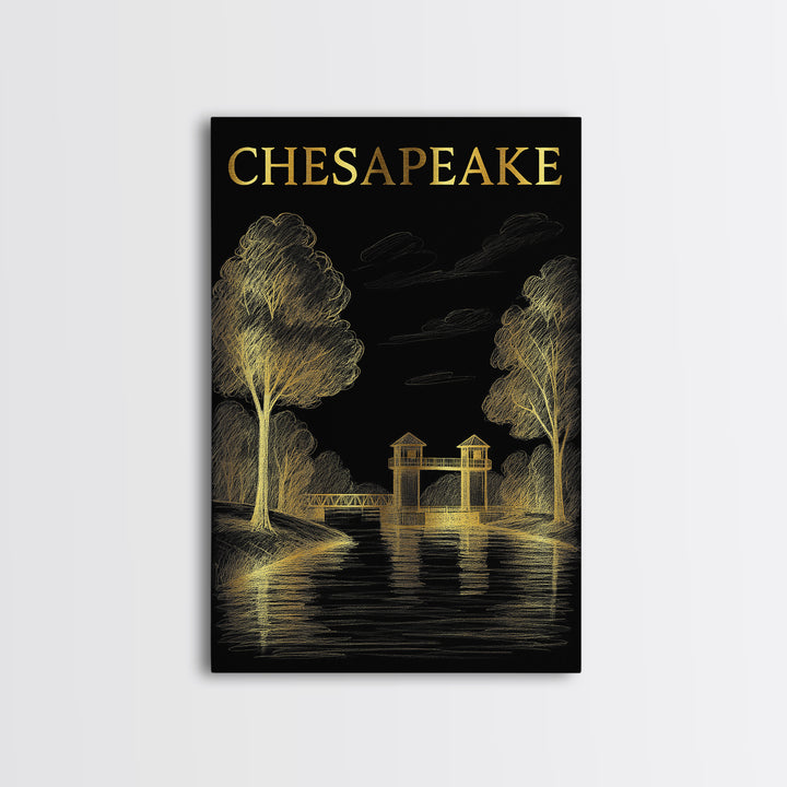 Chesapeake Virginia Travel Poster, Framed Canvas Print, Black And Gold Line Art, Chesapeake Art Print, Travel Poster Set, Vintage Travel Art