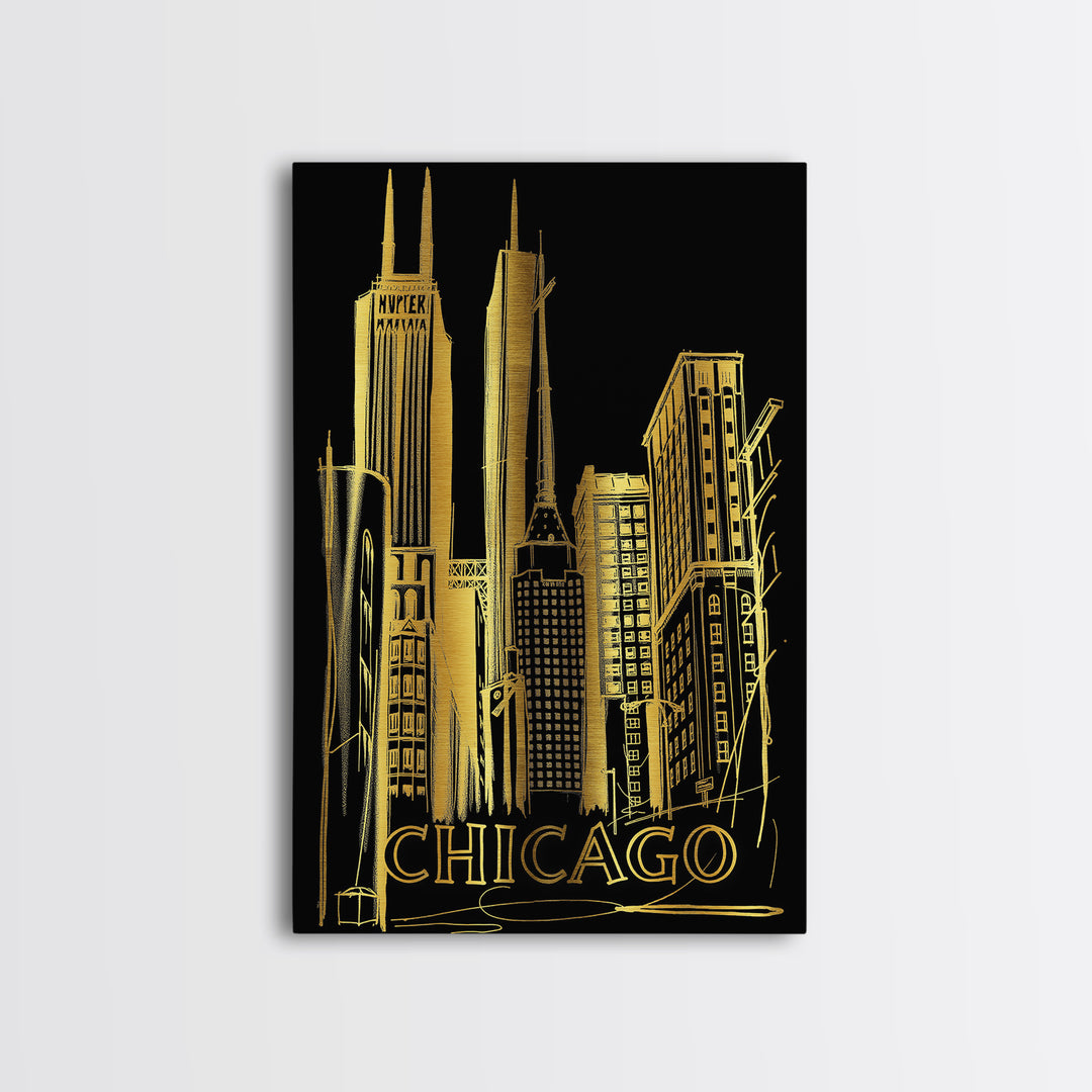 Chicago Illinois Travel Poster, Canvas Print, Black And Gold Line Art, Chicago Travel Art, Mid Century Wall Art, Wall Art, Wall Art