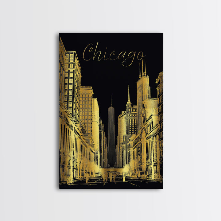 Chicago Travel Poster, Canvas Print, Elegant Gold City Art, Chicago Wall Art, Travel Poster Art, Travel Wall Decor, Travel Art Print