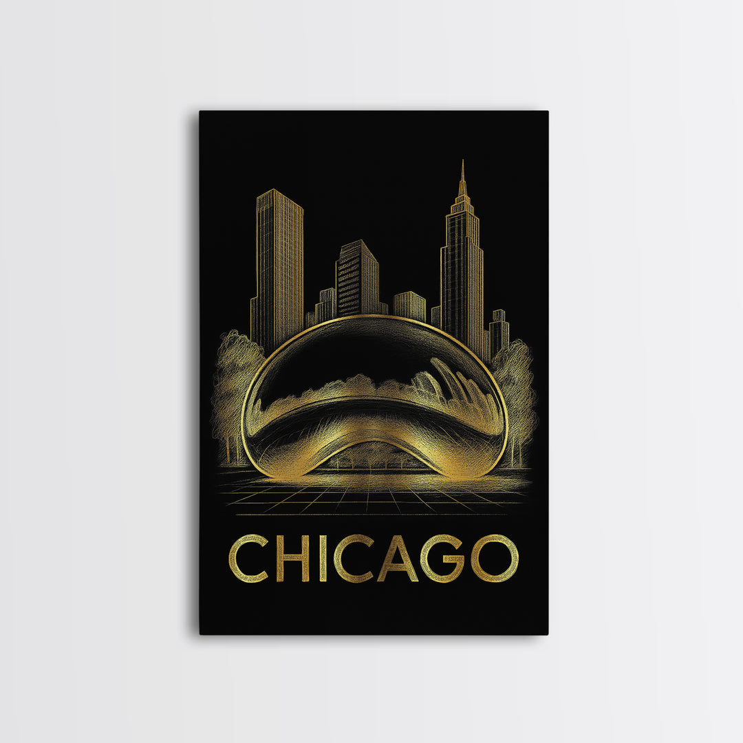 Chicago Travel Poster, Canvas Print, Gold Sketch Wall Art, Chicago Wall Art, Travel Art Print, Vintage City Poster, Gift For Travelers