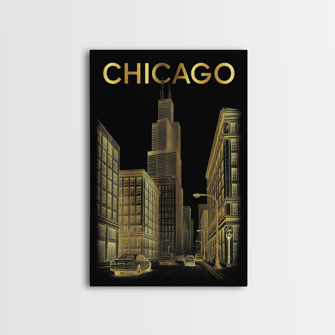 Chicago Travel Poster, Canvas Print, Elegant Gold City Art, Chicago City Art, Fine Art Print, City Travel Prints, Travel Wall Decor