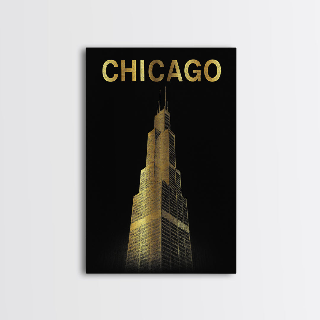 Chicago Travel Poster, Framed Canvas Print, Gold Sketch Wall Art, Chicago Travel Art, Mid Century Wall Art, Travel Poster Art, Design 6
