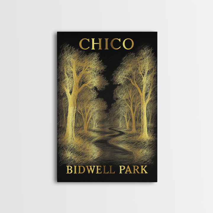 Chico California Travel Poster, Canvas Print, Black And Gold Line Art, Chico Wall Art, Wall Art, Vintage Travel Print, Travel Wall Art