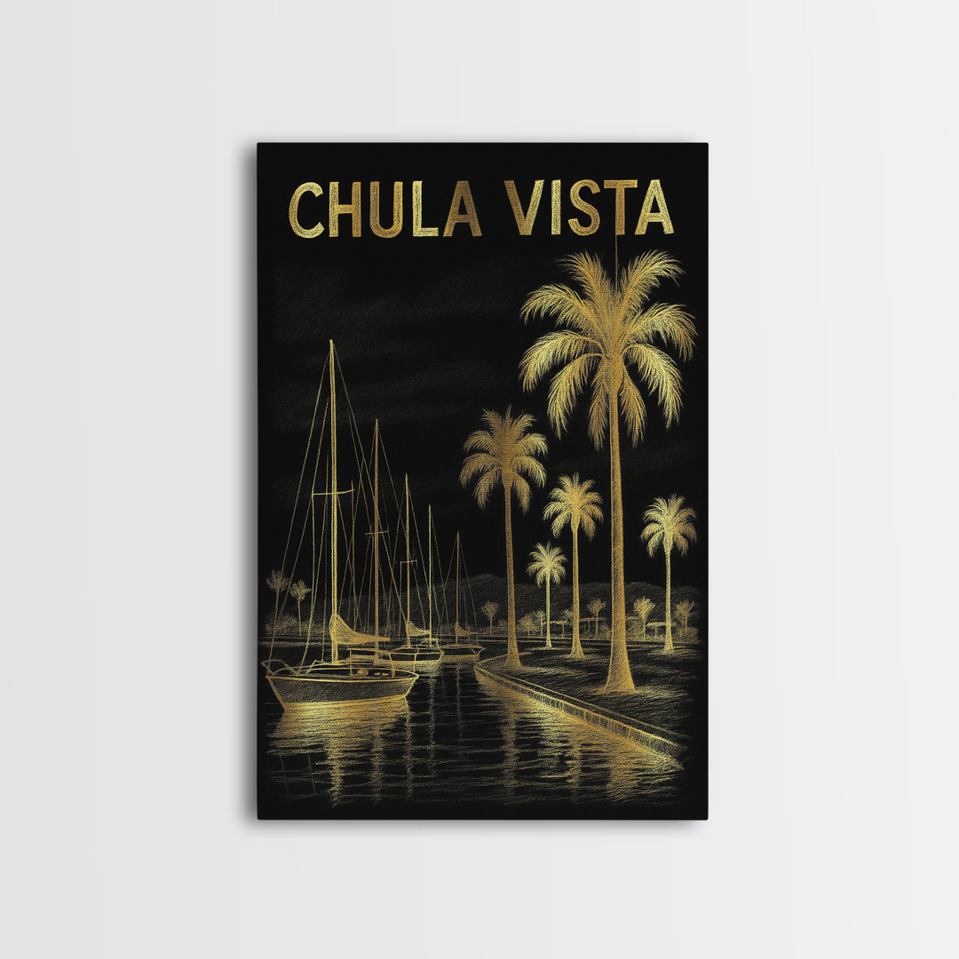 Chula Vista California Travel Poster, Canvas Print, Black And Gold Line Art, Chula Vista Wall Art, Travel Art Print, Travel Prints