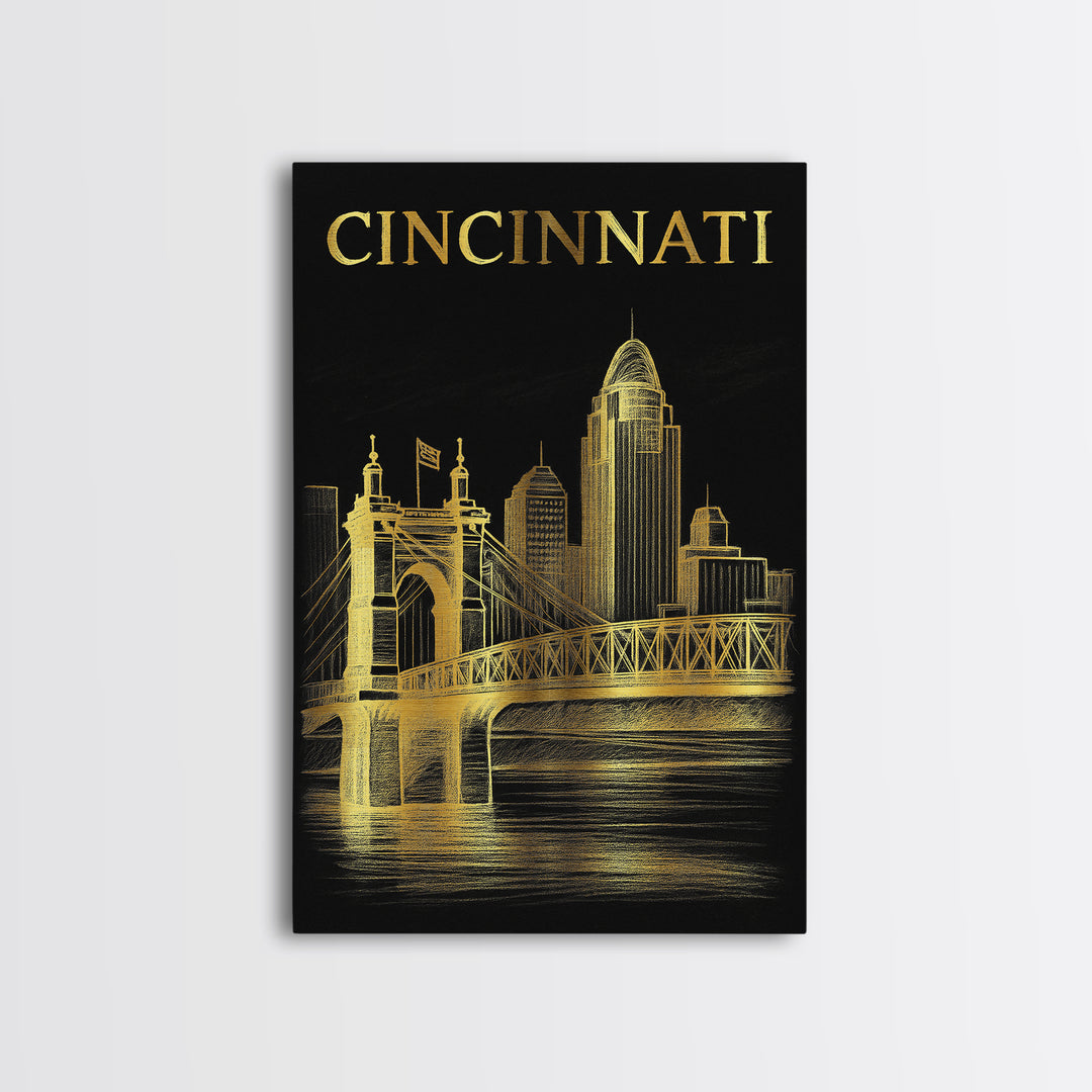 Cincinnati Ohio Travel Poster, Canvas Print, Dark Background Poster Art, Cincinnati Travel Art, Travel Art Print, Vintage Travel Print
