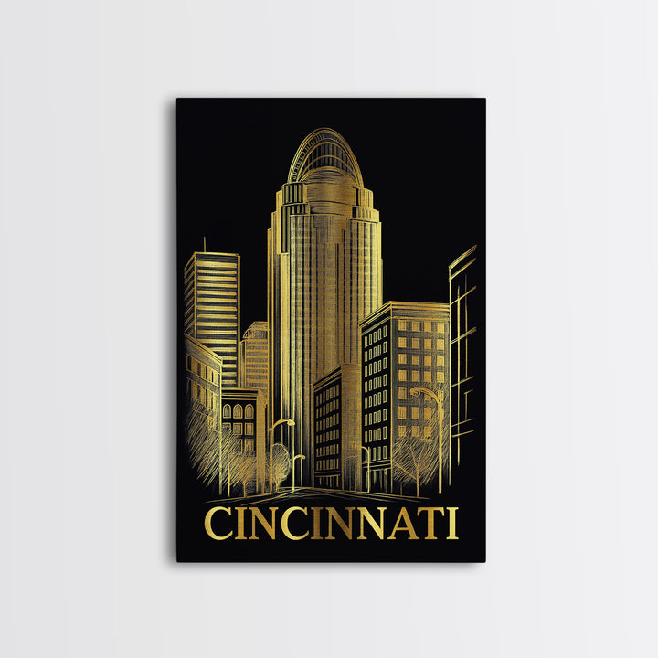 Cincinnati Travel Poster, Canvas Print, Elegant Gold City Art, Cincinnati Travel Art, Travel Poster Set, City Travel Prints, Art Print