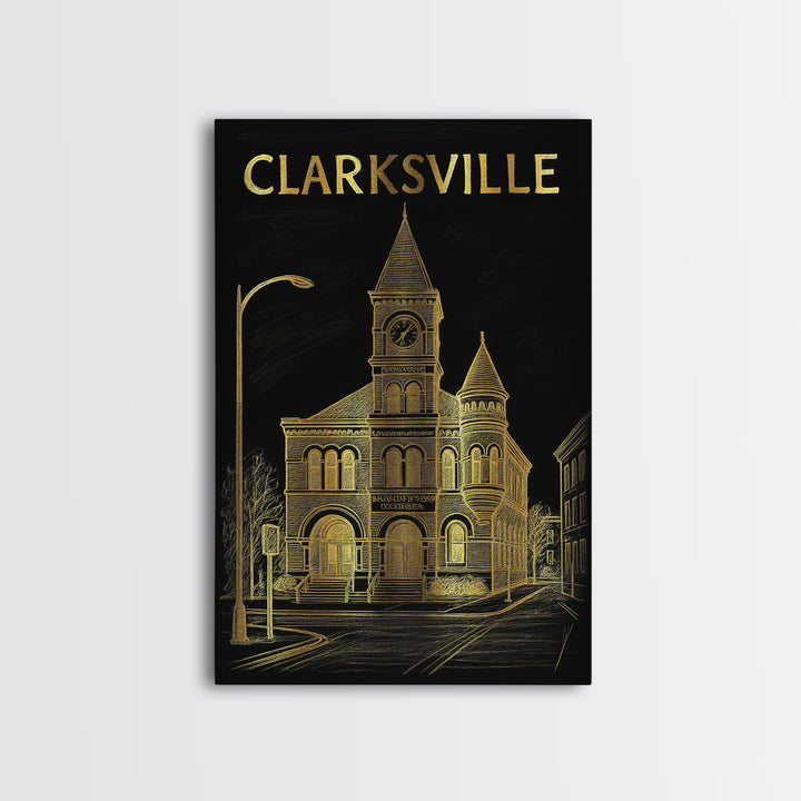 Clarksville Tennessee Travel Poster, Canvas Print, Gold Sketch Wall Art, Clarksville Travel Art, Wall Decor, City Travel Prints, Poster Art