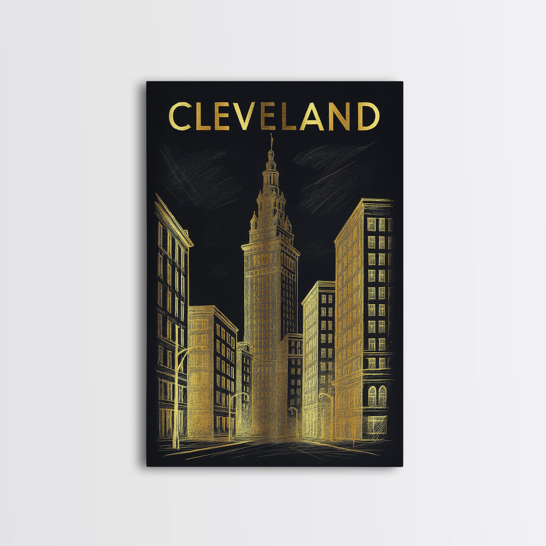Cleveland Ohio Travel Poster, Framed Canvas Print, Elegant Gold City Art, Cleveland Wall Art, Fine Art Print, Travel Poster Set, Home Decor
