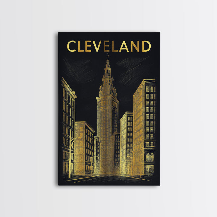 Cleveland Ohio Travel Poster, Framed Canvas Print, Elegant Gold City Art, Cleveland Wall Art, Fine Art Print, Travel Poster Set, Home Decor
