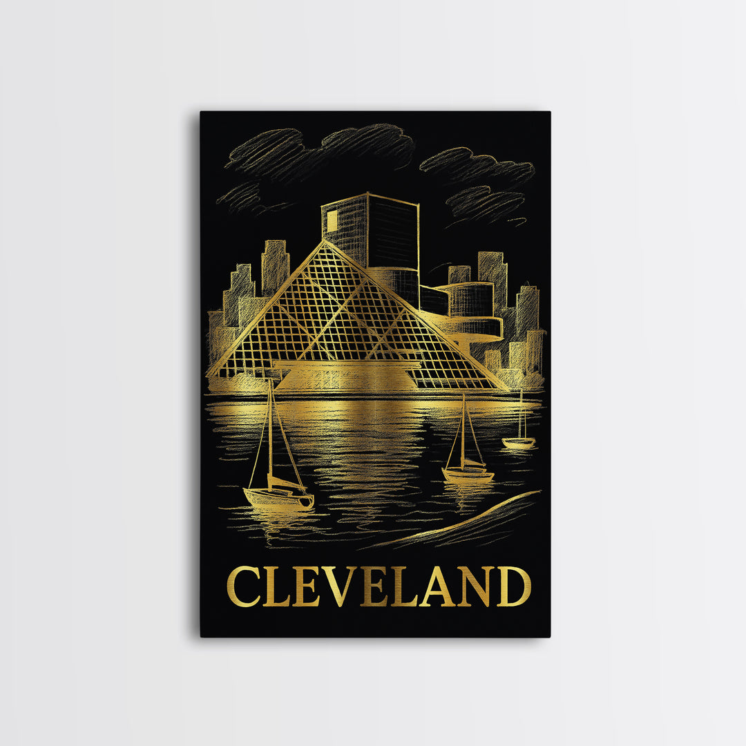 Cleveland Travel Poster, Framed Canvas Print, Gold Sketch Wall Art, Cleveland Travel Art, City Travel Prints, Mid Century Wall Art