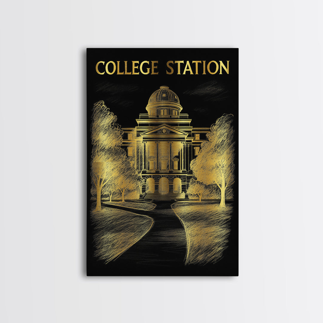 College Station Texas Travel Poster, Framed Canvas Print, Black And Gold Line Art, College Station Art Print, Eclectic Wall Decor, Art Print