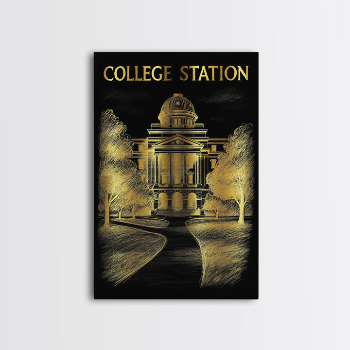 College Station Texas Travel Poster, Framed Canvas Print, Black And Gold Line Art, College Station Art Print, Eclectic Wall Decor, Art Print