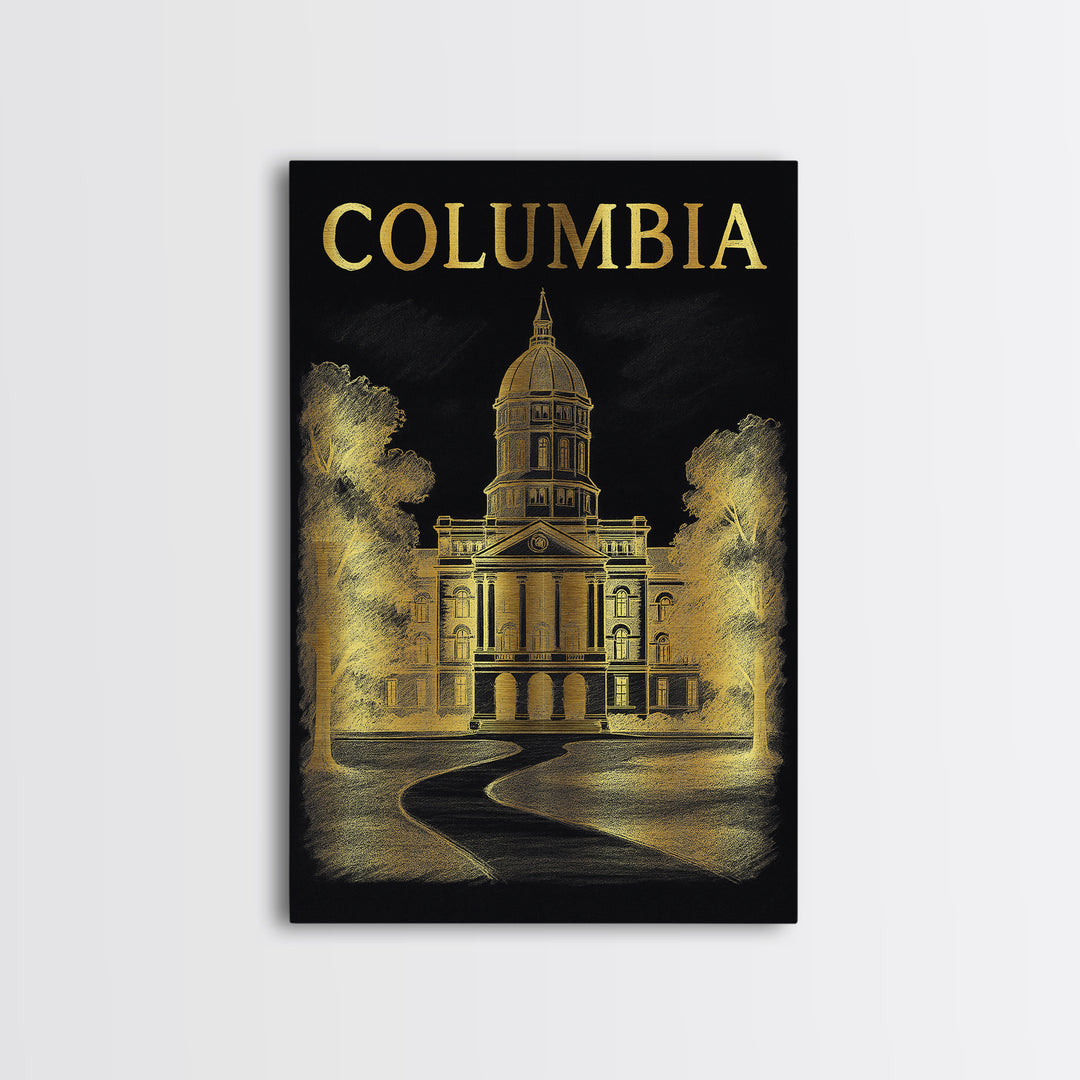 Columbia Travel Poster, Framed Canvas Print, Black And Gold Line Art, Columbia City Art, Home Office Decor, Travel Wall Decor, Design 2