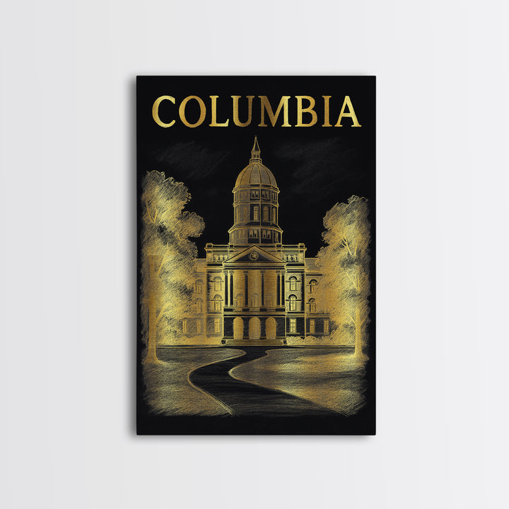 Columbia Travel Poster, Framed Canvas Print, Black And Gold Line Art, Columbia City Art, Home Office Decor, Travel Wall Decor, Design 2