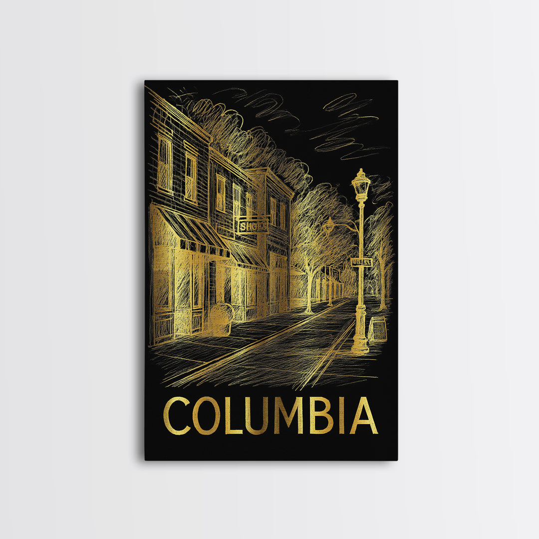Columbia Travel Poster, Framed Canvas Print, Black And Gold Line Art, Columbia Poster Print, Retro Travel Print, Vintage City Poster