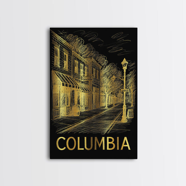 Columbia Travel Poster, Framed Canvas Print, Black And Gold Line Art, Columbia Poster Print, Retro Travel Print, Vintage City Poster