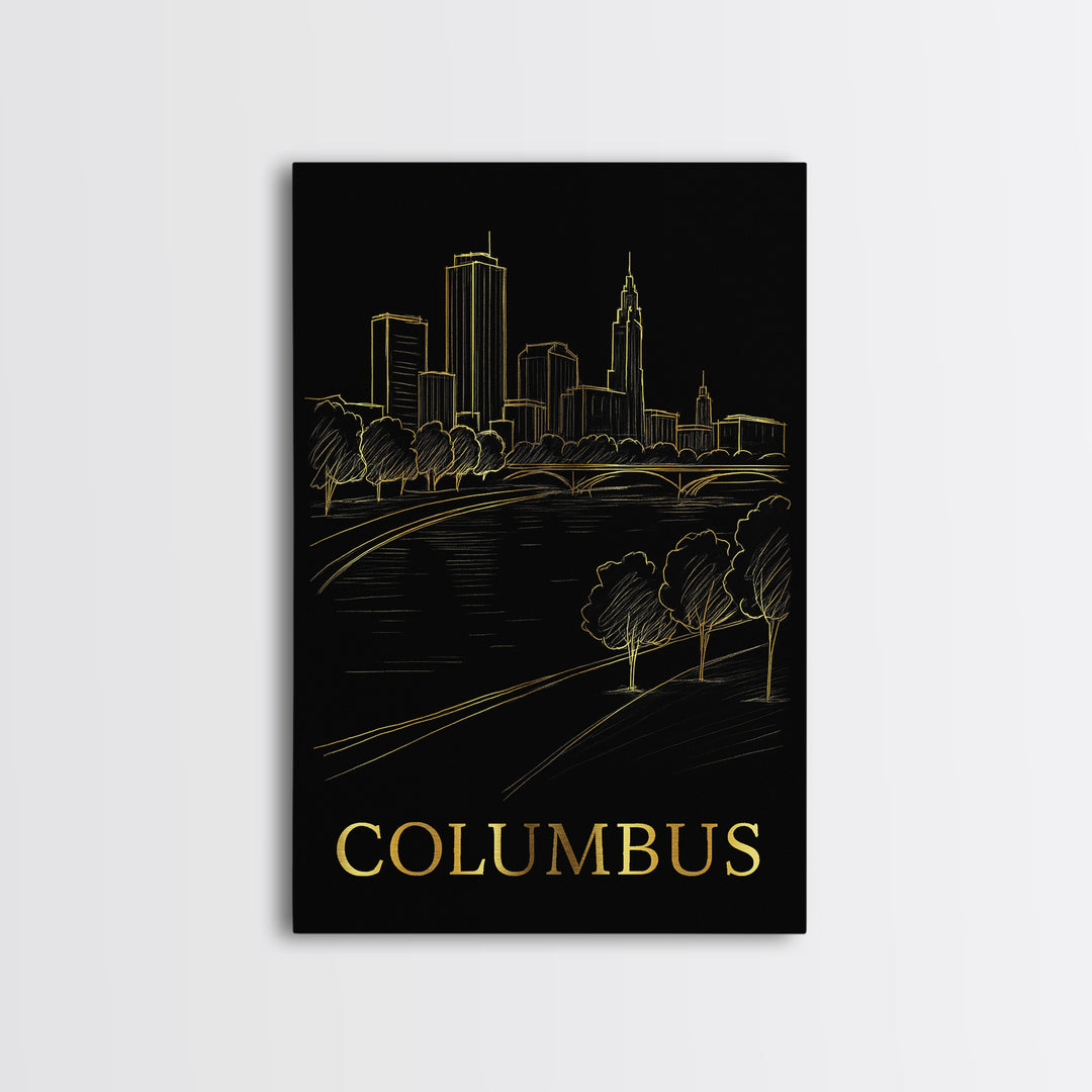 Columbus Travel Poster, Framed Canvas Print, Gold Sketch Wall Art, Columbus Art Print, Gift For Travelers, Vintage Travel Art, Design 5