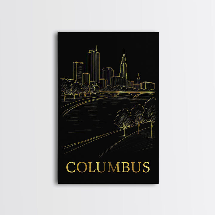 Columbus Travel Poster, Framed Canvas Print, Gold Sketch Wall Art, Columbus Art Print, Gift For Travelers, Vintage Travel Art, Design 5