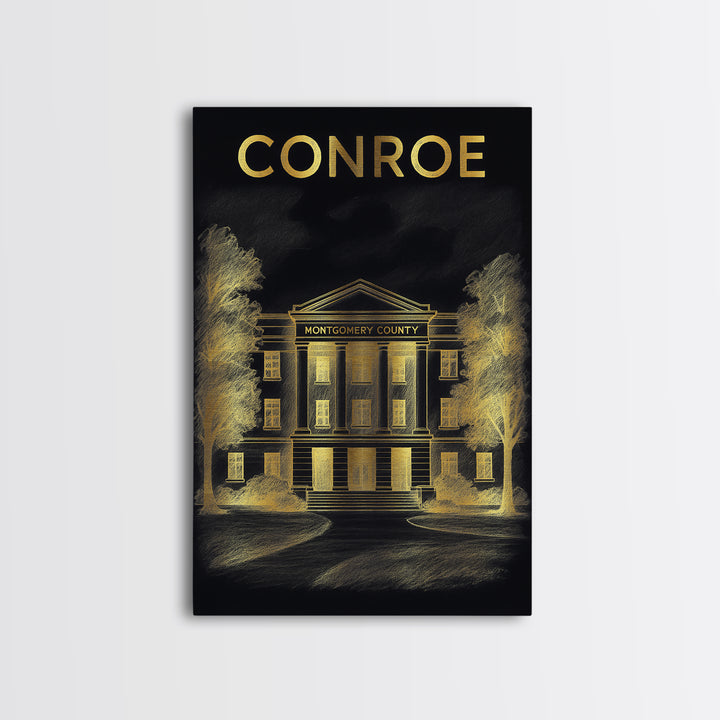 Conroe Texas Travel Poster, Canvas Print, Black And Gold Line Art, Conroe Travel Art, Travel Wall Decor, City Art Print, Travel Poster Art