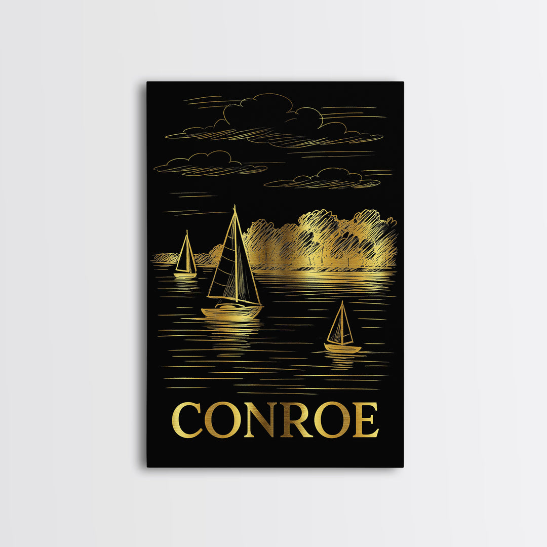 Conroe Travel Poster, Canvas Print, Black And Gold Line Art, Conroe City Art, Travel Wall Decor, Retro Travel Print, Home Office Decor