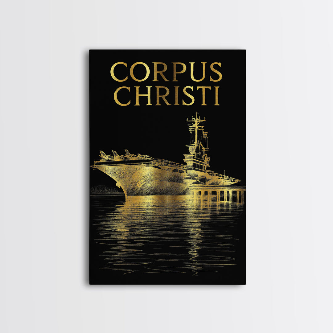 Corpus Christi Travel Poster, Framed Canvas Print, Elegant Gold City Art, Corpus Christi Art Print, Travel Wall Decor, Living Room Wall Art