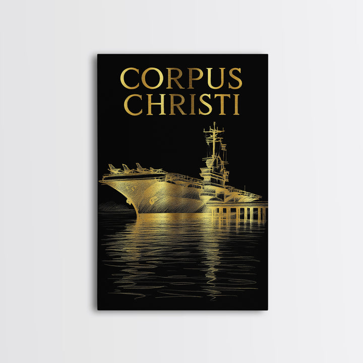 Corpus Christi Travel Poster, Framed Canvas Print, Elegant Gold City Art, Corpus Christi Art Print, Travel Wall Decor, Living Room Wall Art