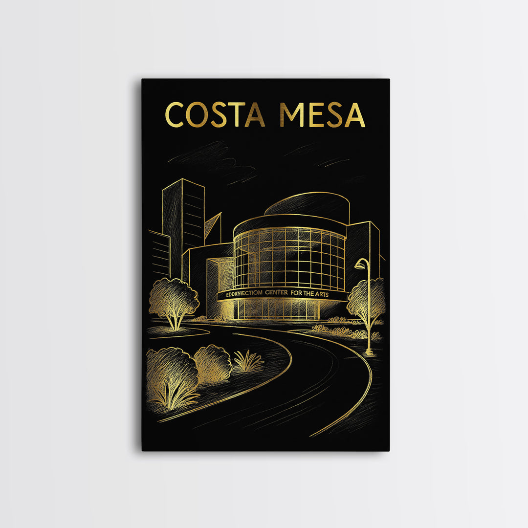 Costa Mesa California Travel Poster, Framed Canvas Print, Gold Sketch Wall Art, Costa Mesa City Art, Travel Poster Art, Mid Century Wall Art
