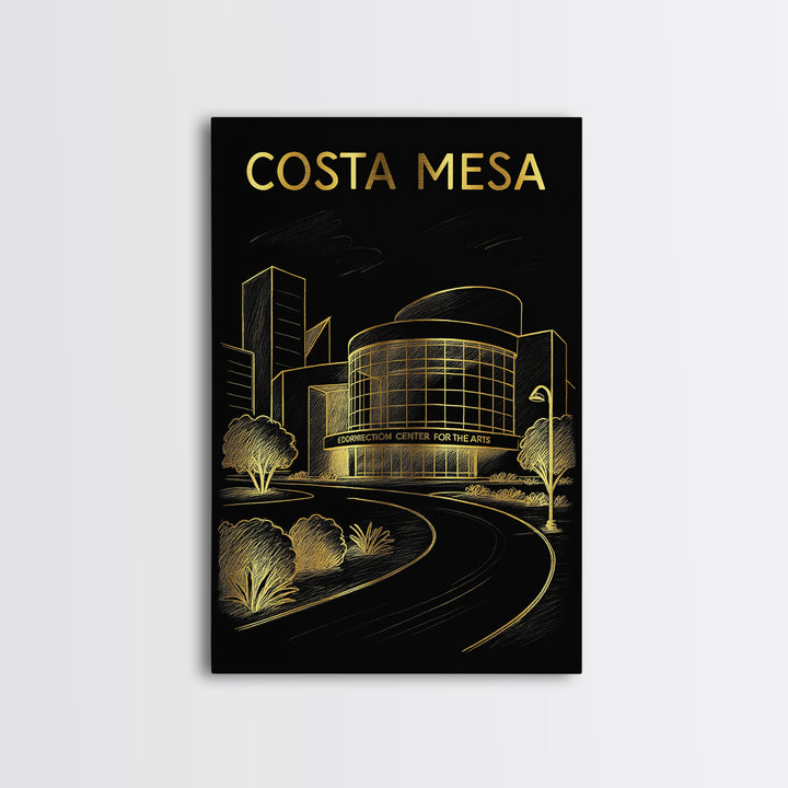 Costa Mesa California Travel Poster, Framed Canvas Print, Gold Sketch Wall Art, Costa Mesa City Art, Travel Poster Art, Mid Century Wall Art