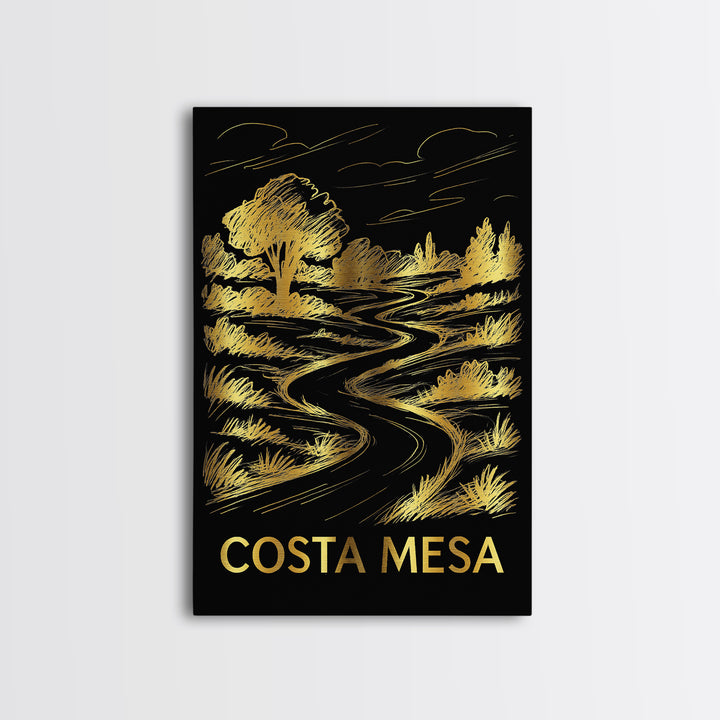 Costa Mesa Travel Poster, Framed Canvas Print, Black And Gold Line Art, Costa Mesa Art Print, Home Office Decor, Living Room Wall Art