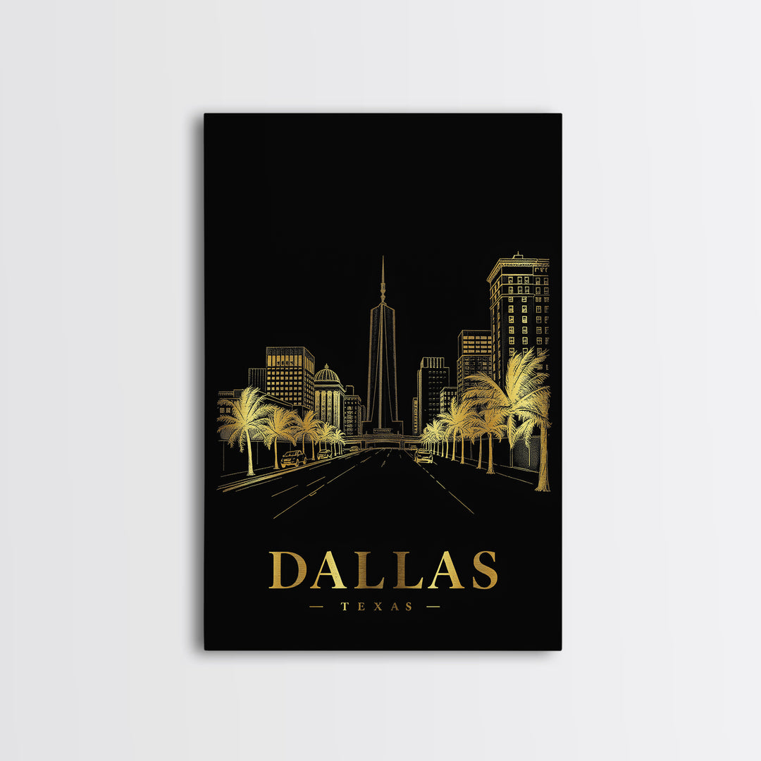 Dallas Texas Travel Poster, Canvas Print, Gold Sketch Wall Art, Dallas Wall Art, Travel Wall Art, Art Print, Vintage City Art, Art Print