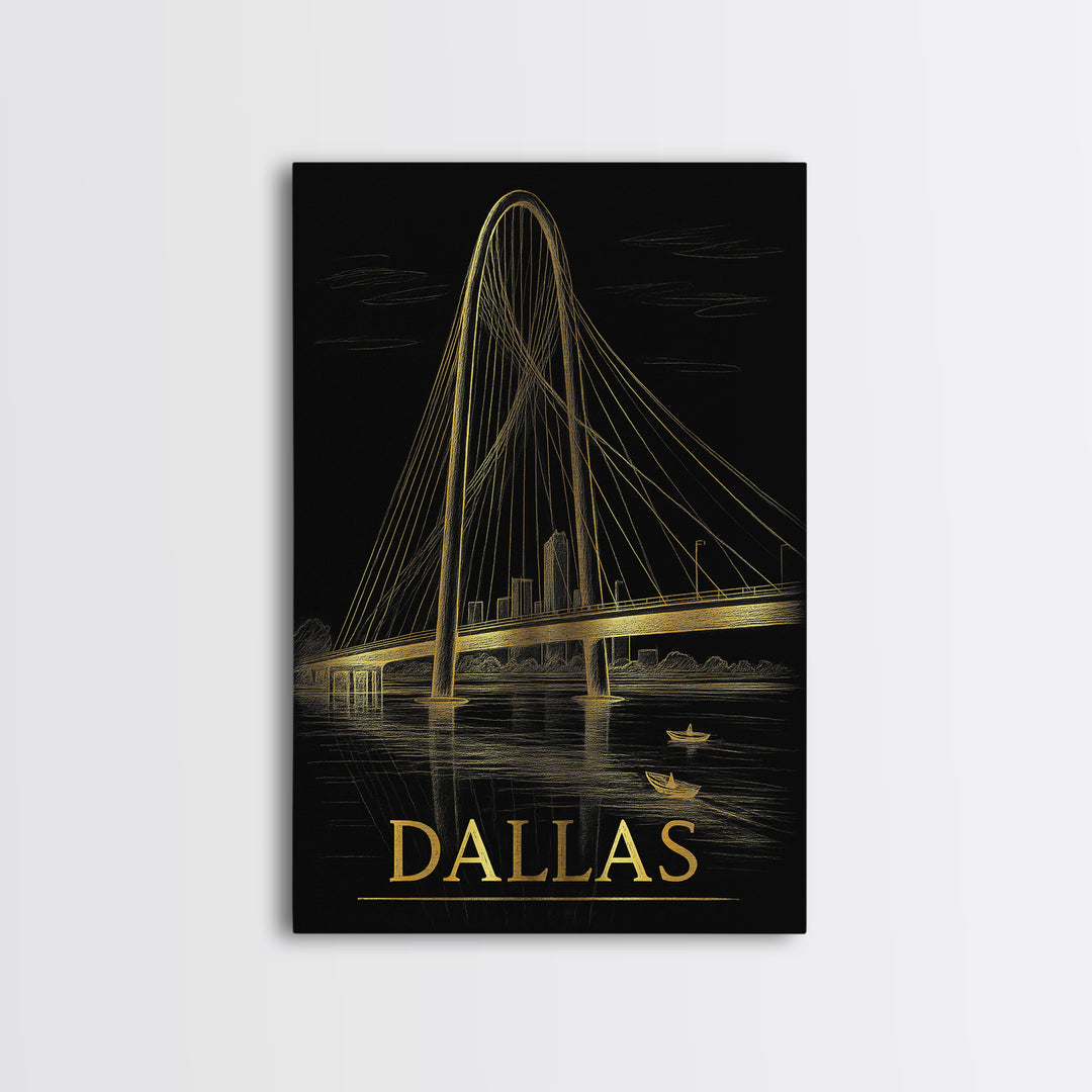 Dallas Travel Poster, Framed Canvas Print, Black And Gold Line Art, Dallas Wall Art, Fine Art Print, Vintage City Poster, City Illustration
