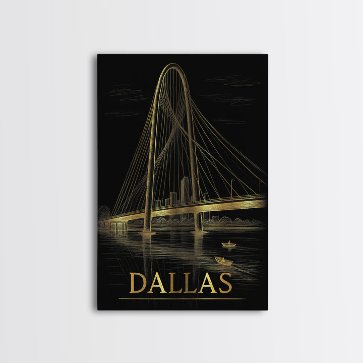 Dallas Travel Poster, Framed Canvas Print, Black And Gold Line Art, Dallas Wall Art, Fine Art Print, Vintage City Poster, City Illustration