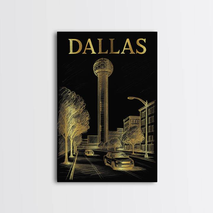 Dallas Travel Poster, Framed Canvas Print, Black And Gold Line Art, Dallas Poster Print, Vintage Travel Print, Travel Poster Set