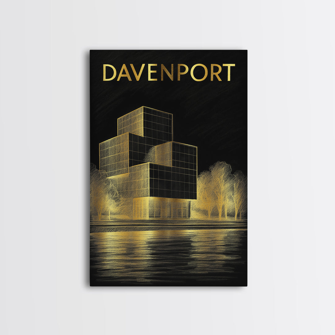 Davenport Iowa Travel Poster, Framed Canvas Print, Dark Background Poster Art, Davenport Wall Art, Gift For Travelers, Modern Wall Decor