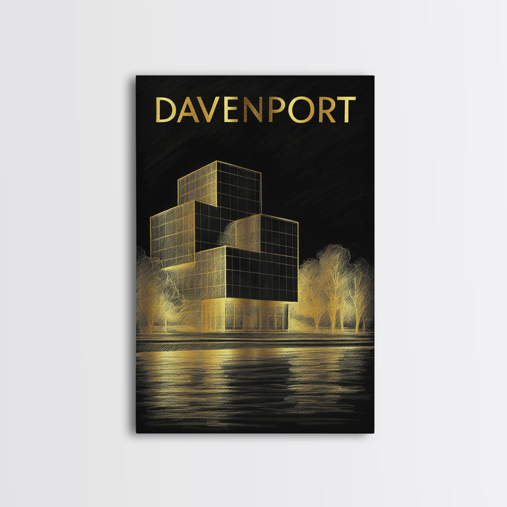 Davenport Iowa Travel Poster, Framed Canvas Print, Dark Background Poster Art, Davenport Wall Art, Gift For Travelers, Modern Wall Decor