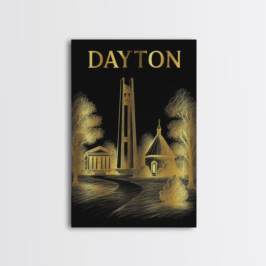 Dayton Ohio Travel Poster, Canvas Print, Black And Gold Line Art, Dayton Art Print, Travel Art Print, Gift For Travelers, Travel Print