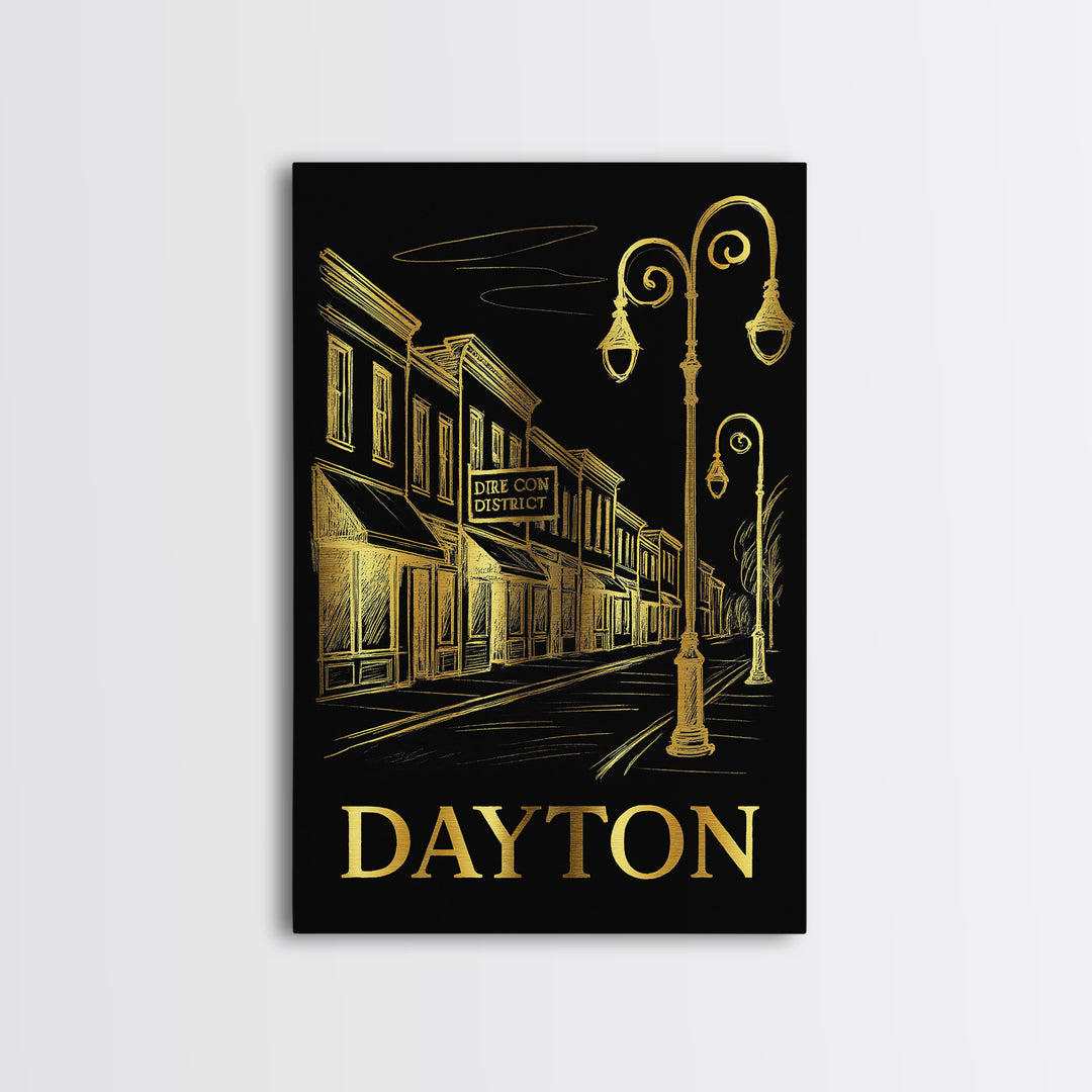 Dayton Travel Poster, Canvas Print, Gold Sketch Wall Art, Dayton City Art, Home Office Decor, Living Room Wall Art, Watercolor Skyline