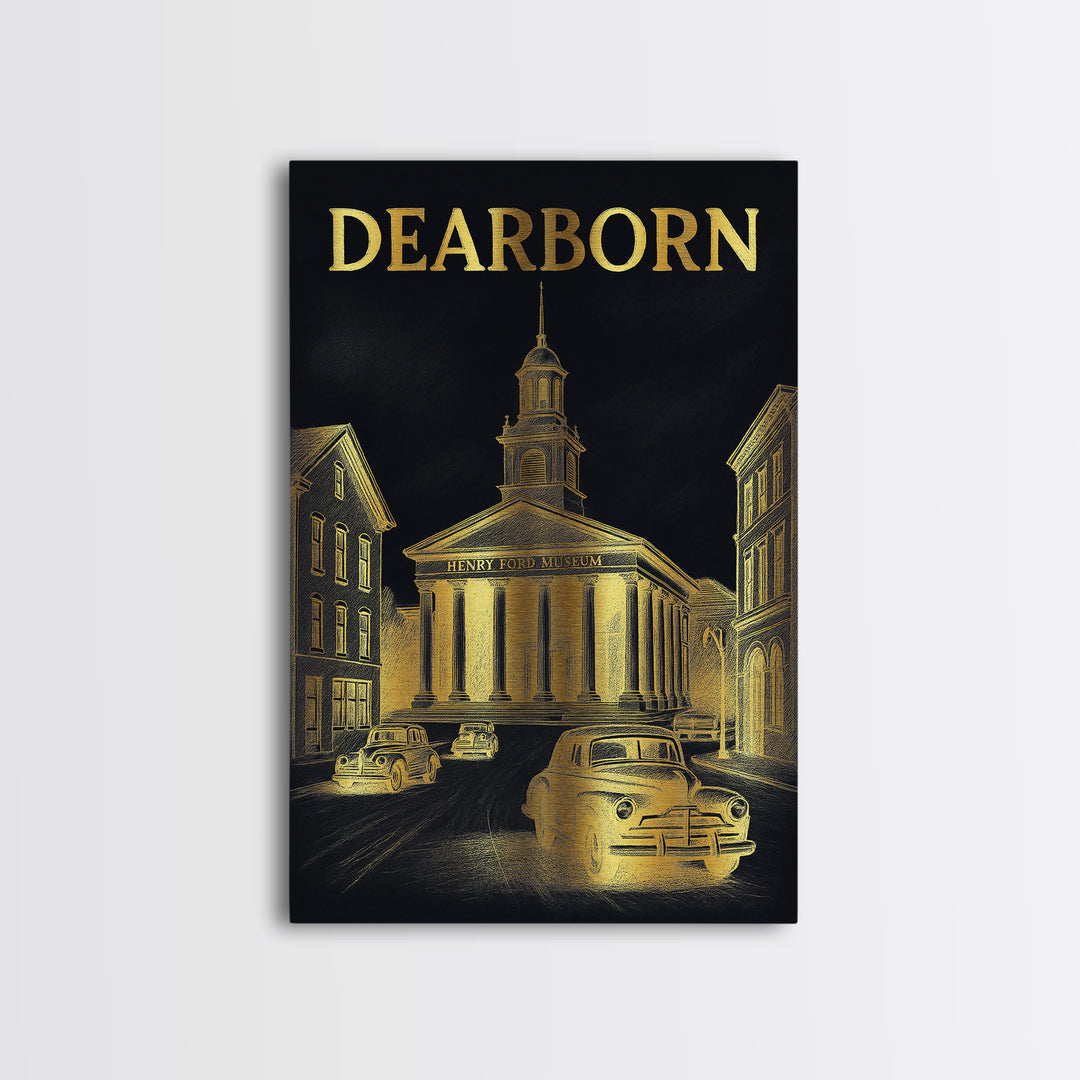 Dearborn Travel Poster, Framed Canvas Print, Gold Sketch Wall Art, Dearborn Poster Print, Travel Poster Art, Wanderlust Decor, Design 1
