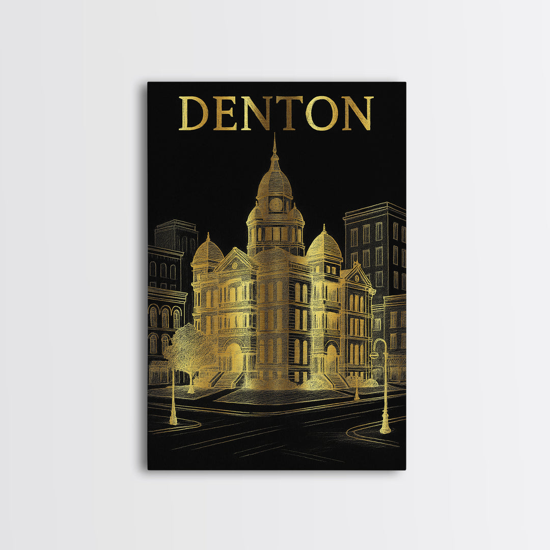 Denton Texas Travel Poster, Canvas Print, Black And Gold Line Art, Denton Travel Art, Vintage Travel Art, Travel Poster Art, Poster Art