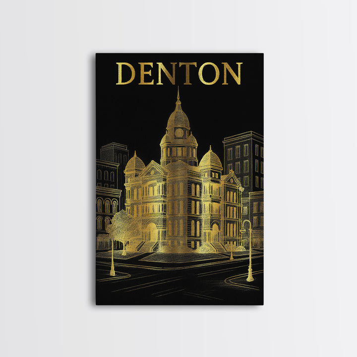 Denton Texas Travel Poster, Canvas Print, Black And Gold Line Art, Denton Travel Art, Vintage Travel Art, Travel Poster Art, Poster Art